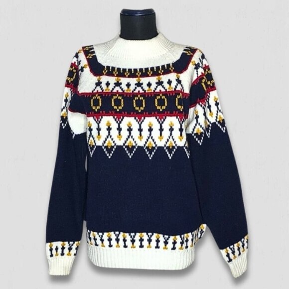 Vintage 90s JCPenney Fair Isle Ski Sweater Mock Neck Navy White Medium - Picture 3 of 11